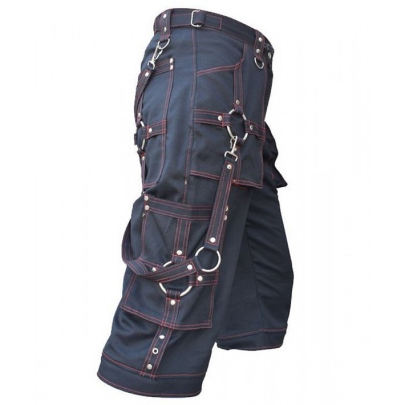 Men Gothic Red Thread Short Buckle Bondage Shorts Black